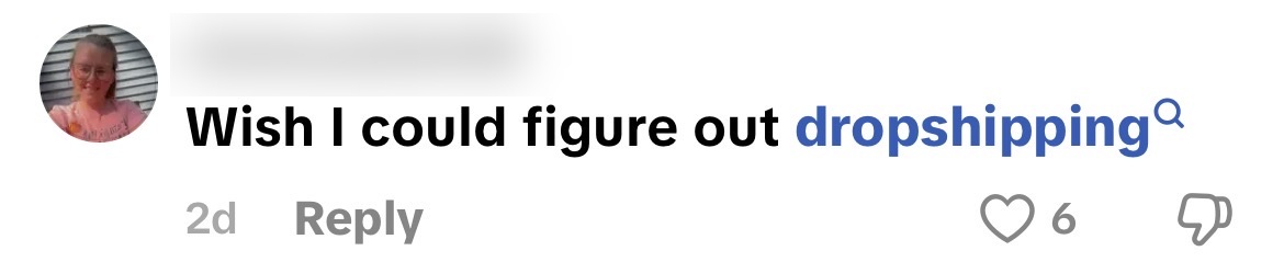 Comment: Wish I could figure out dropshipping. Username blurred.